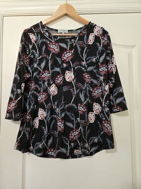 NY Collection Dark Navy Floral Three-Quarter Sleeve Blouse